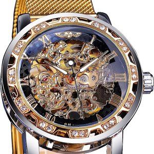 Retro Manual Mechanical Skeleton Watch with Diamond and Carving Flower, Gold-W